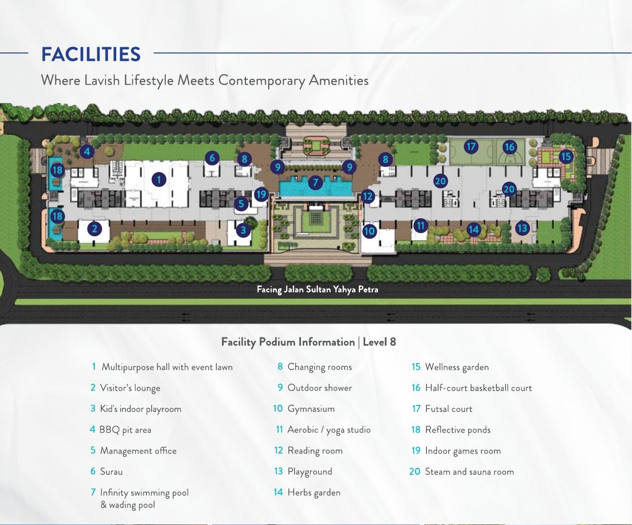Padang Residences Level 8 facilities layout showing pool, gym, BBQ area, games room, playground, and other amenities