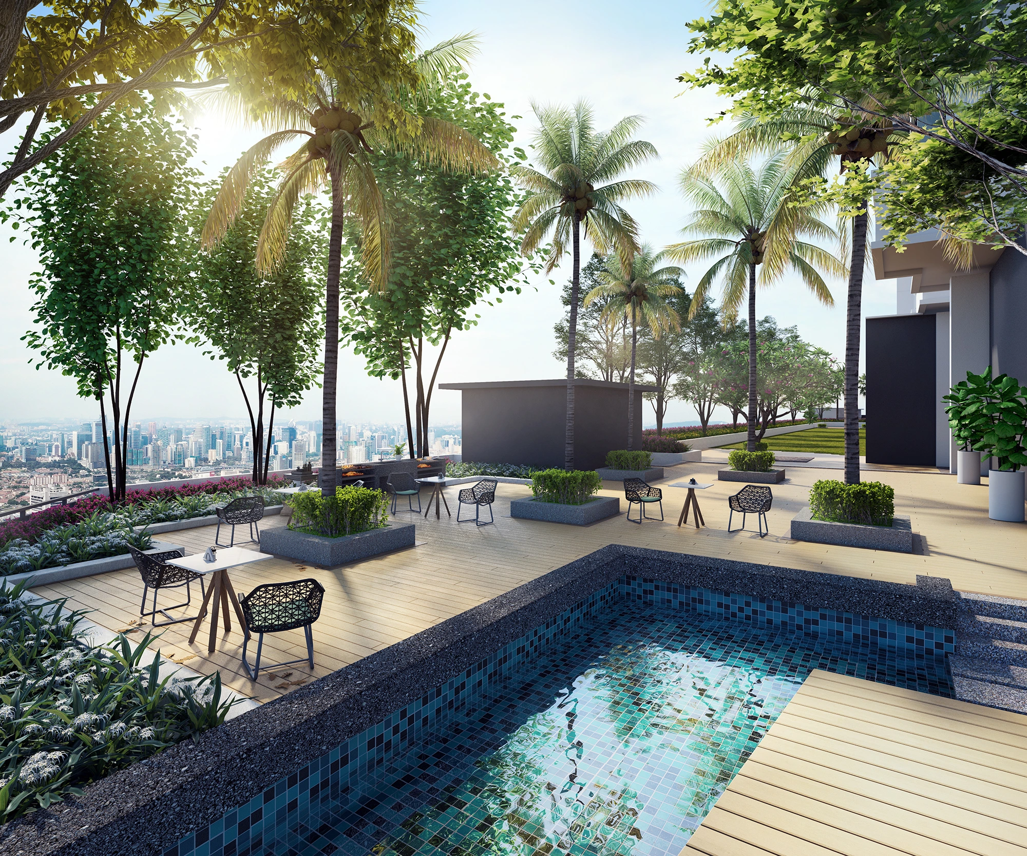 BBQ pit area with palm trees at Padang Residences