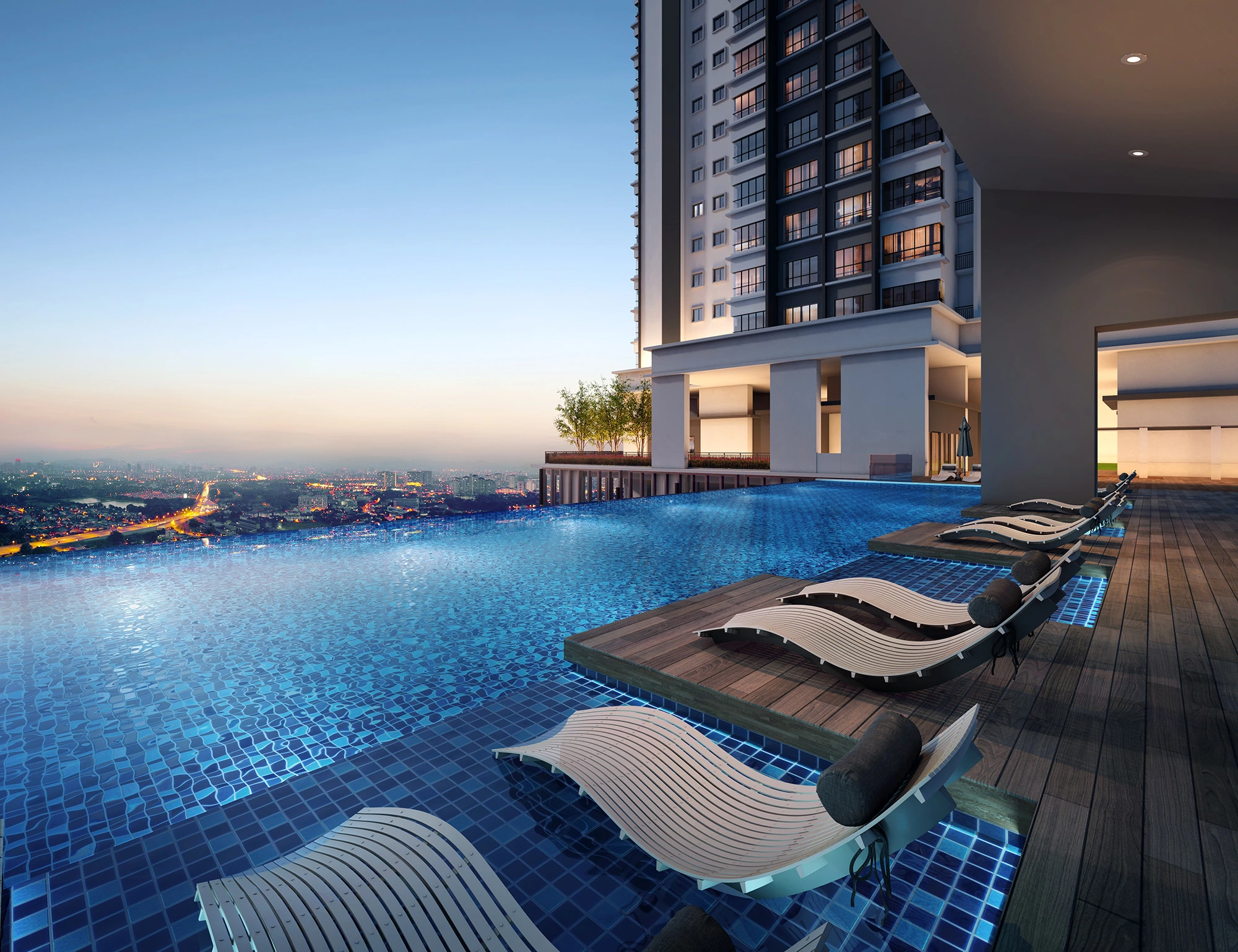 Infinity swimming pool with city views at Padang Residences