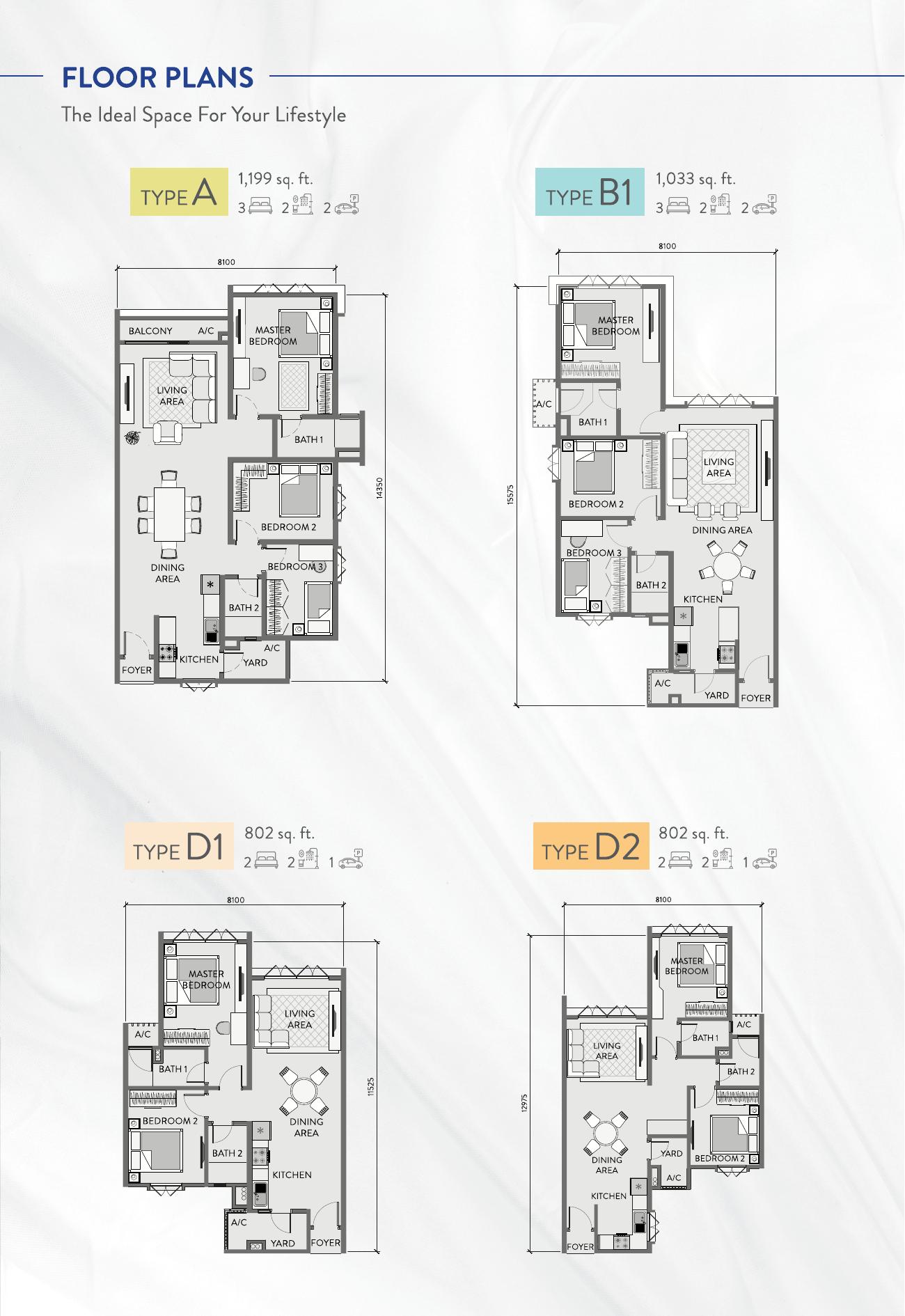 Padang Residences floor plans showing Type A (1,199 sq.ft., 3 bed), Type B1 (1,033 sq.ft., 3 bed), Type D1 and D2 (802 sq.ft., 2 bed)