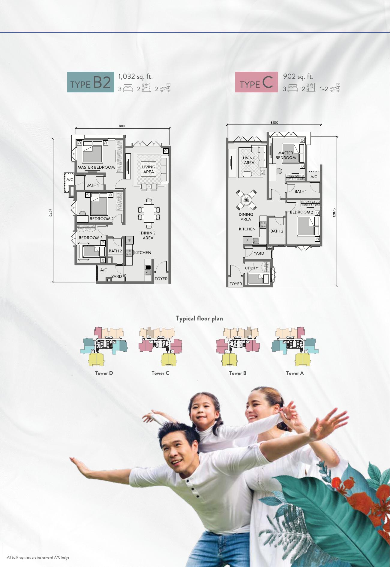Padang Residences floor plans showing Type B2 (1,032 sq.ft., 3 bed), Type C (902 sq.ft., 3 bed) and typical floor layout for all towers