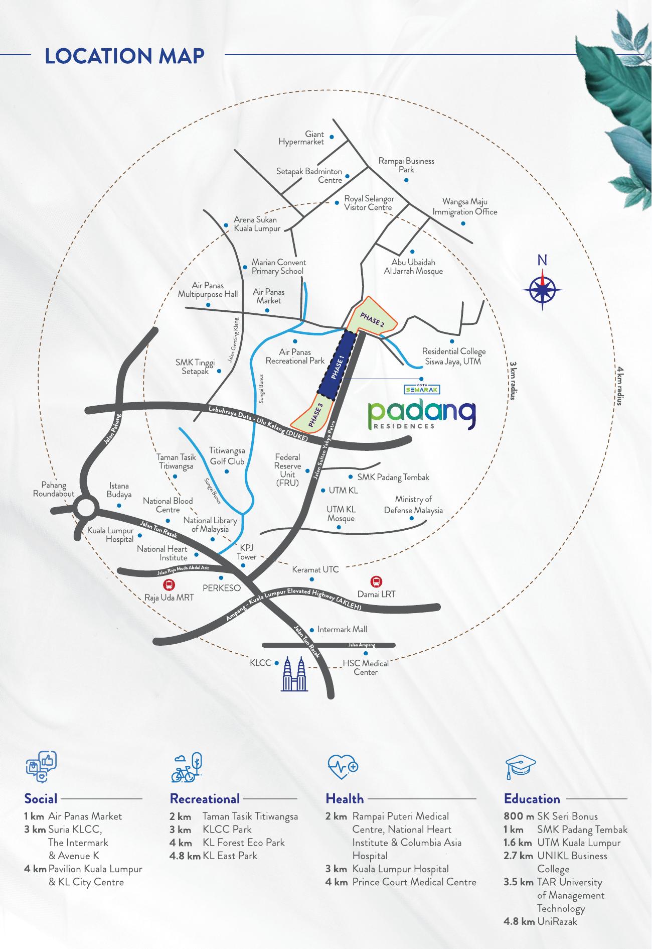 Padang Residences location map showing nearby amenities including KLCC, UTM, hospitals, and schools